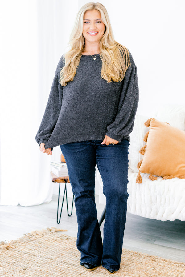 Chic Soul plus size clothing, charcoal gray long sleeve top with sinched sleeves at the wrist