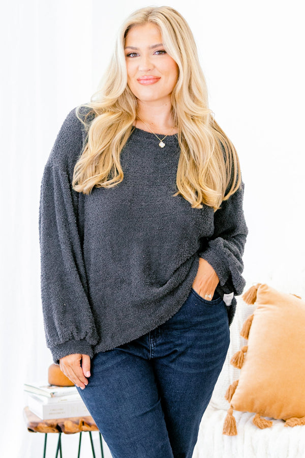 Chic Soul plus size clothing, charcoal gray long sleeve top with sinched sleeves at the wrist