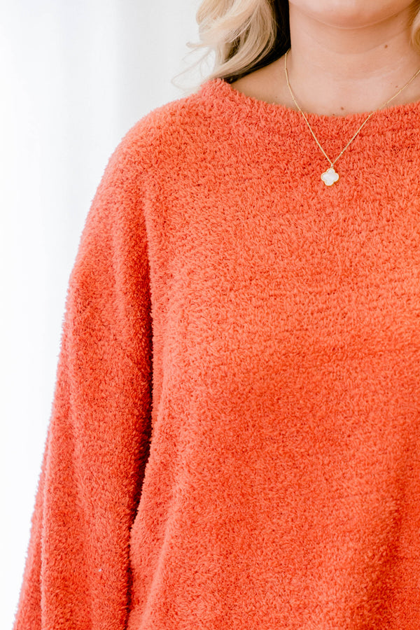 Chic Soul plus size clothing, rust orange fuzzy long sleeve top