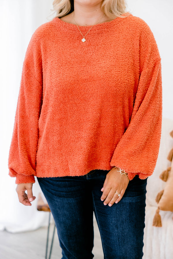 Chic Soul plus size clothing, rust orange fuzzy long sleeve top
