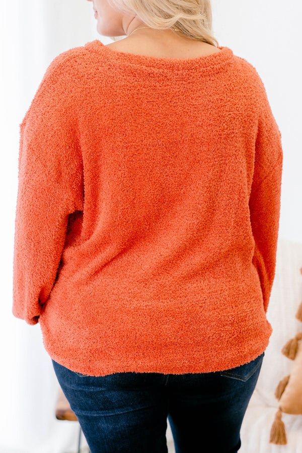 Chic Soul plus size clothing, rust orange fuzzy long sleeve top