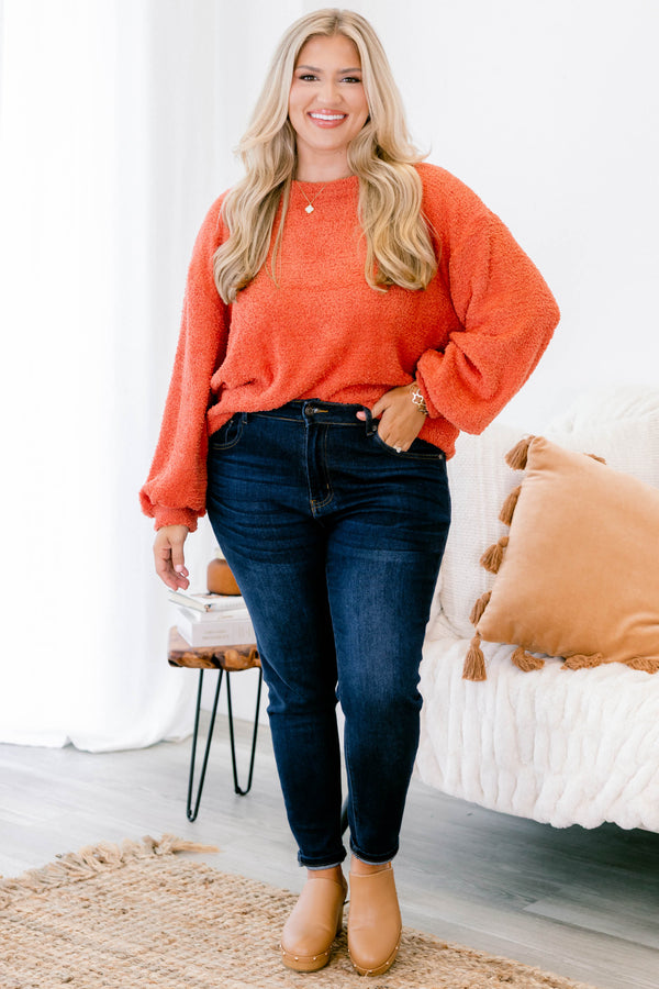 Chic Soul plus size clothing, rust orange fuzzy long sleeve top