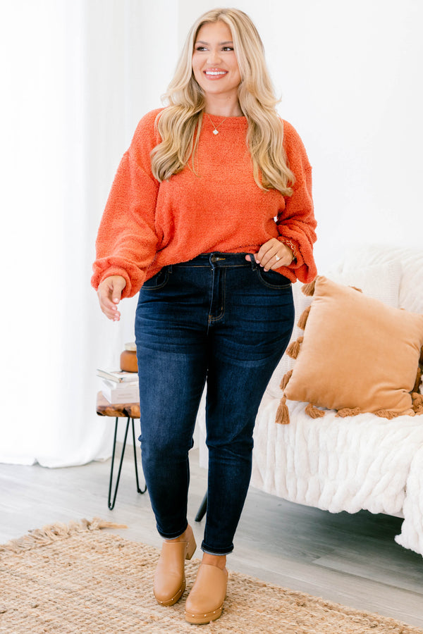 Chic Soul plus size clothing, rust orange fuzzy long sleeve top