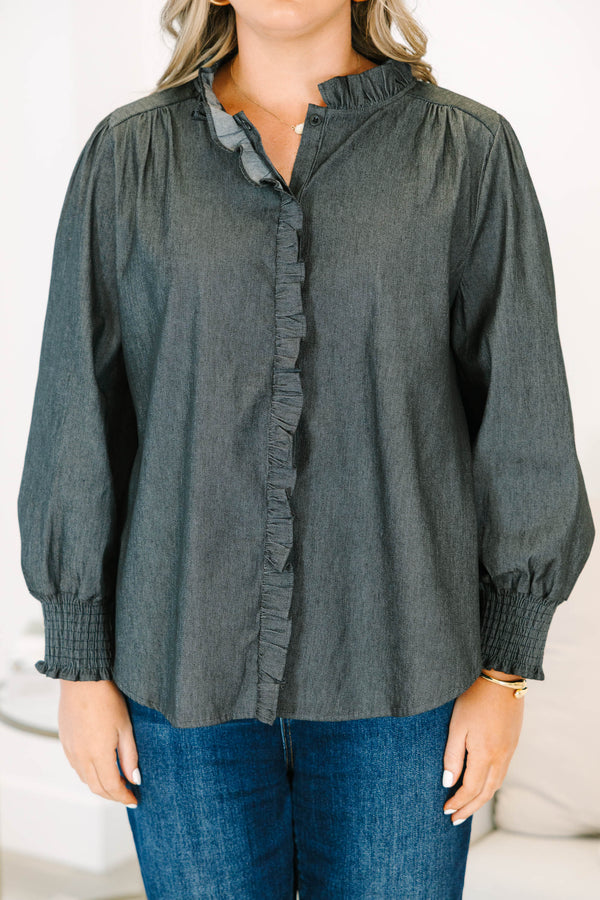 Plus Size black denim-style top with ruffle trim, long puff sleeves, and a button-down front.