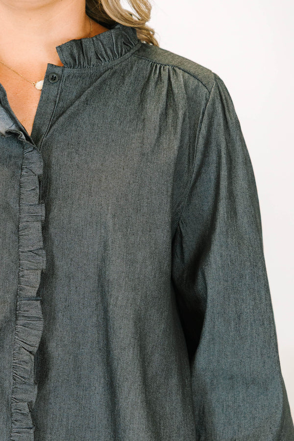 Plus Size black denim-style top with ruffle trim, long puff sleeves, and a button-down front.