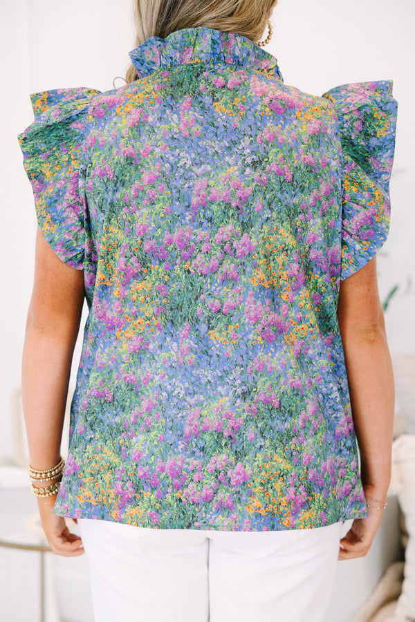 Plus Size purple multi floral button-down top with ruffled flutter sleeves and a V-neckline.