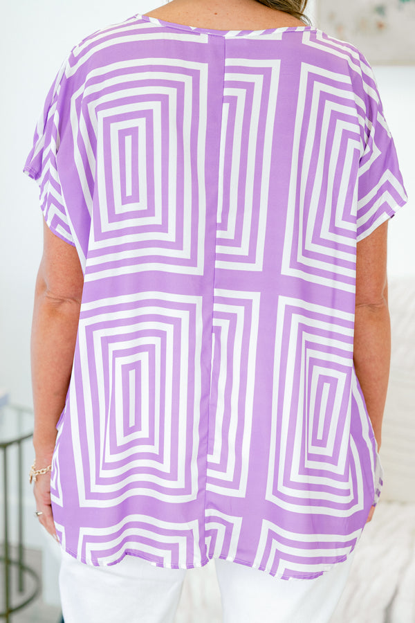 Chic Soul plus size clothing, purple geometric short sleeve top with v neckline