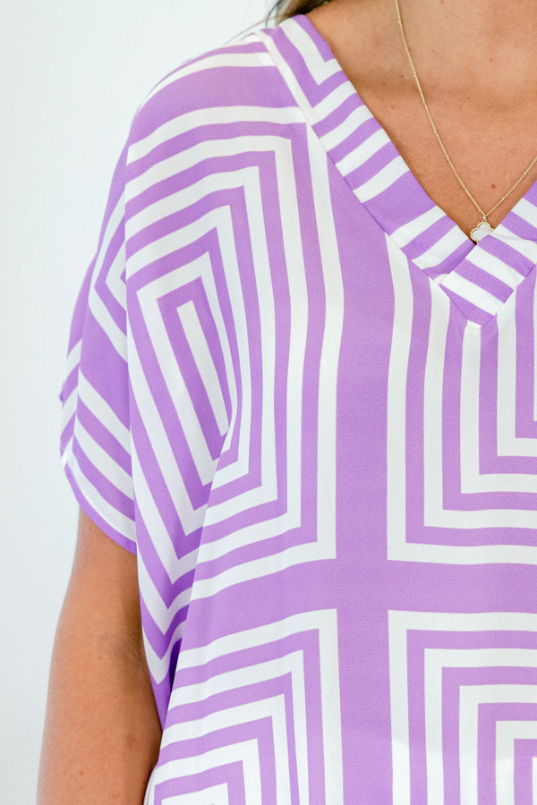 Chic Soul plus size clothing, purple geometric short sleeve top with v neckline