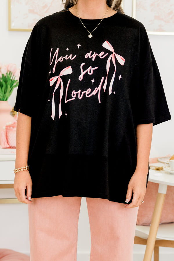 Chic Soul plus size clothing, short-sleeve black boyfriend tee with high-scoop-neckline with pink graphic lettering in calligraphy stating 'You are so Loved