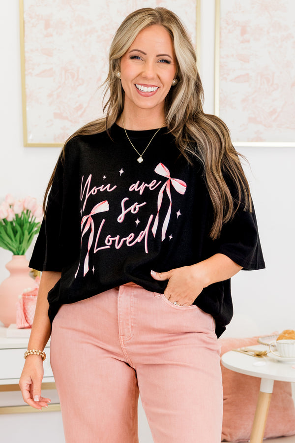 Chic Soul plus size clothing, short-sleeve black boyfriend tee with high-scoop-neckline with pink graphic lettering in calligraphy stating 'You are so Loved