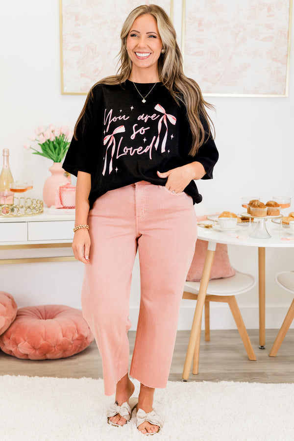 Chic Soul plus size clothing, short-sleeve black boyfriend tee with high-scoop-neckline with pink graphic lettering in calligraphy stating 'You are so Loved