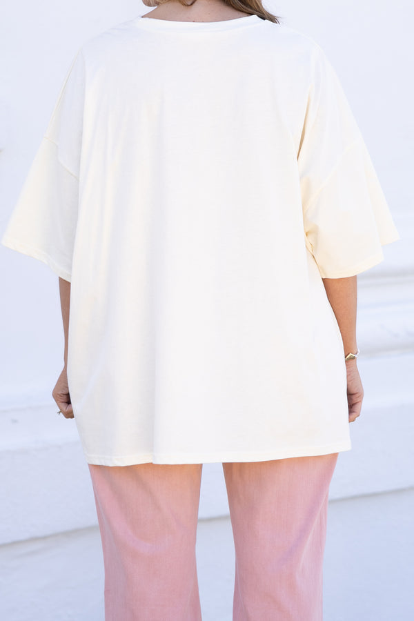 Chic Soul plus size clothing, ivory boyfriend tee with pink 