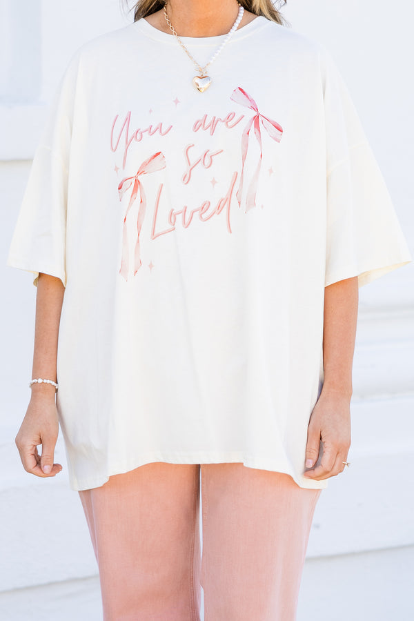 Chic Soul plus size clothing, ivory boyfriend tee with pink 