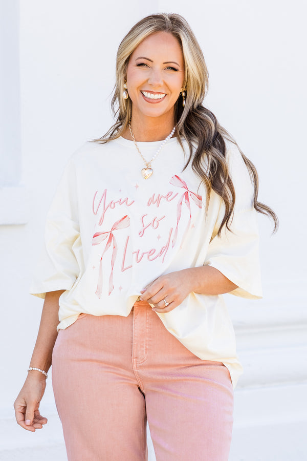 Chic Soul plus size clothing, ivory boyfriend tee with pink 