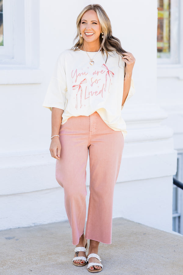 Chic Soul plus size clothing, ivory boyfriend tee with pink 