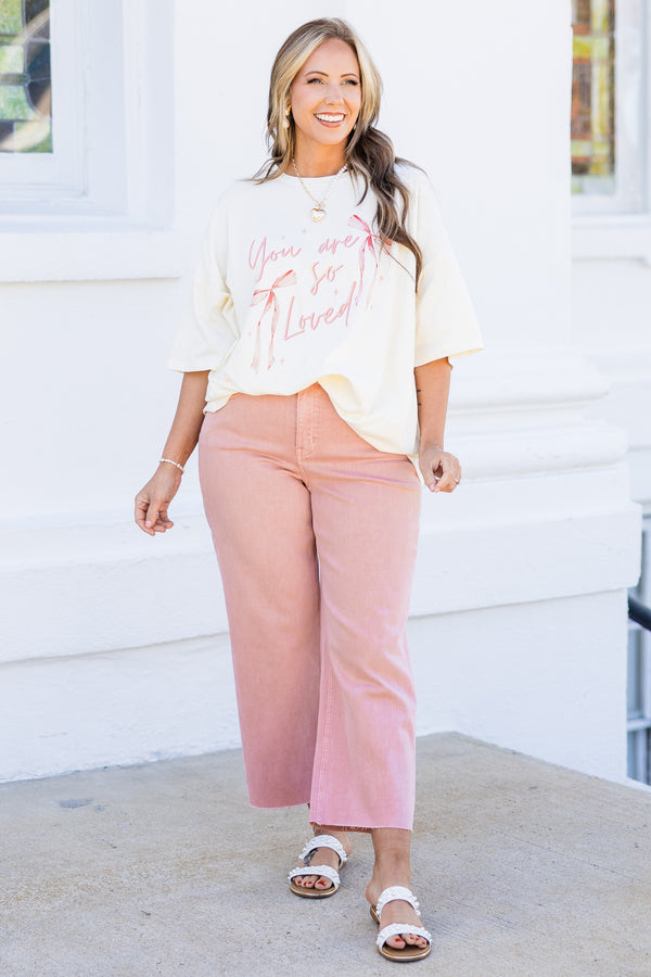 Chic Soul plus size clothing, ivory boyfriend tee with pink 