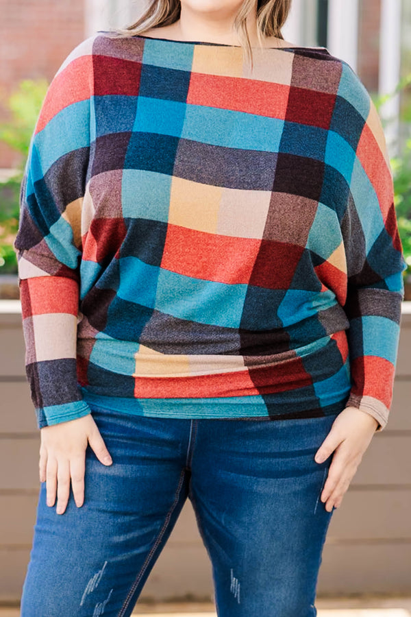 Chic Soul plus size clothing top that is fitted at the waist with gingham print and multicolored with fitted long sleeves