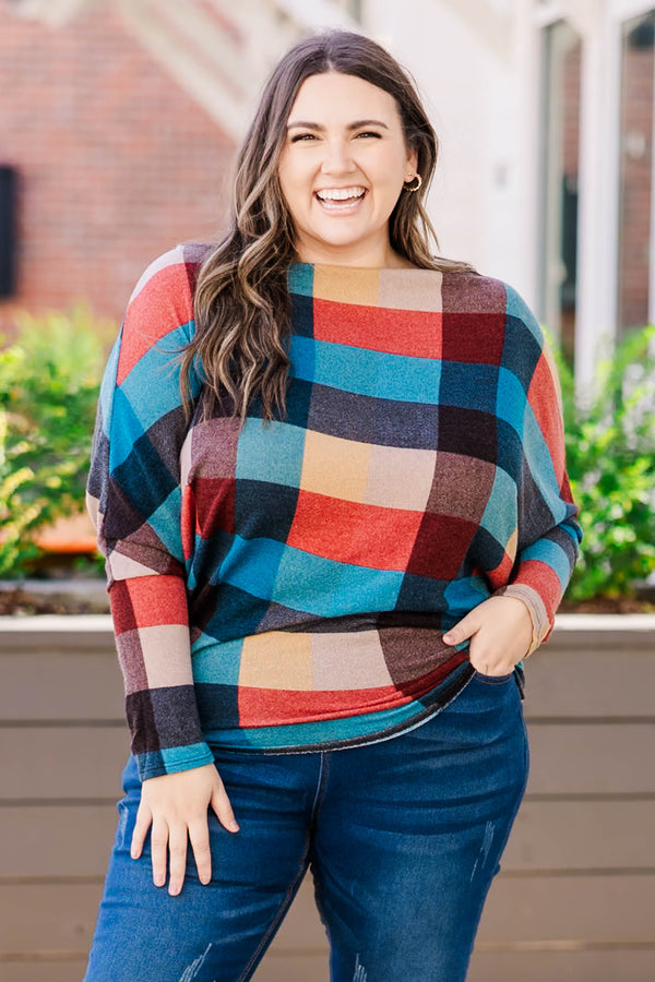 Chic Soul plus size clothing top that is fitted at the waist with gingham print and multicolored  with fitted long sleeves