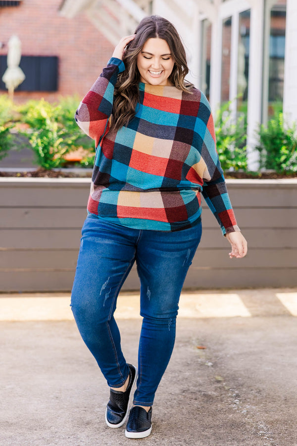 Chic Soul plus size clothing top that is fitted at the waist with gingham print and multicolored with fitted long sleeves