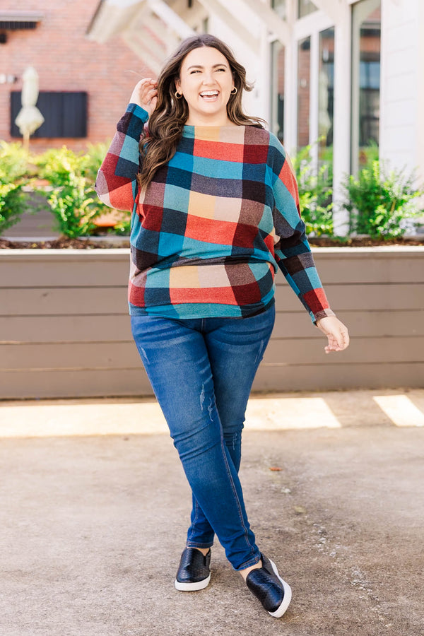 Chic Soul plus size clothing top that is fitted at the waist with gingham print and multicolored with fitted long sleeves
