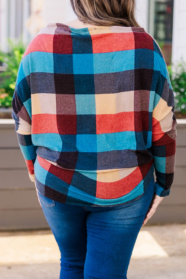 Chic Soul plus size clothing top that is fitted at the waist with gingham print and multicolored with fitted long sleeves