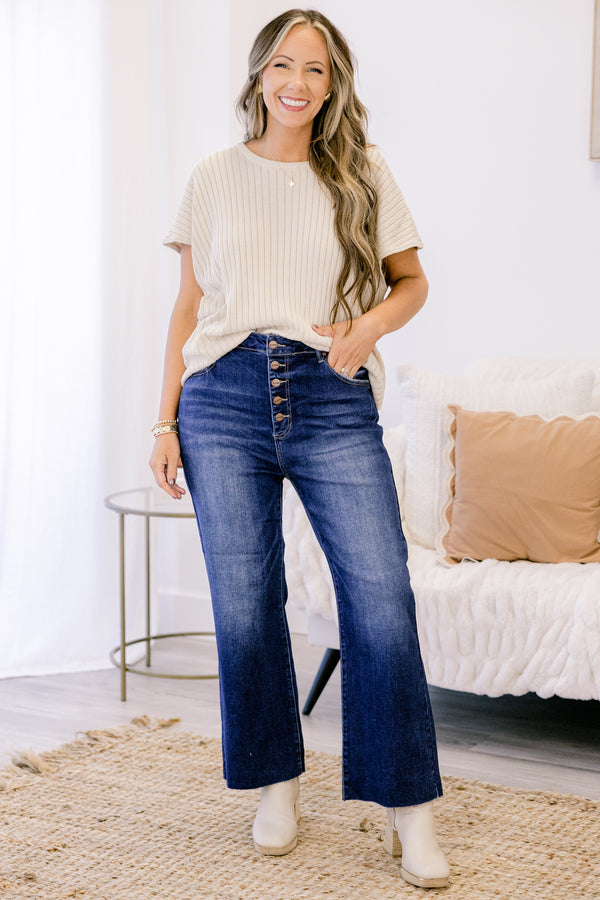 Chic Soul plus size clothing, dark wash high rise straight leg jeans with button fly and slightly distressed hem