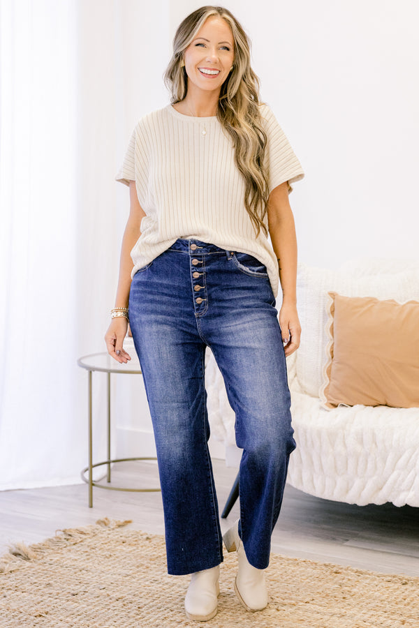 Chic Soul plus size clothing, dark wash high rise straight leg jeans with button fly and slightly distressed hem