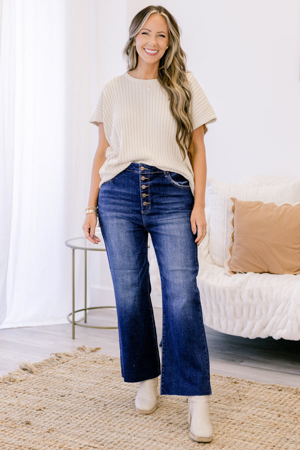 Chic Soul plus size clothing, dark wash high rise straight leg jeans with button fly and slightly distressed hem