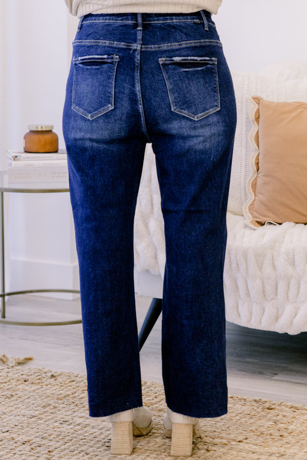 Chic Soul plus size clothing, dark wash high rise straight leg jeans with button fly and slightly distressed hem