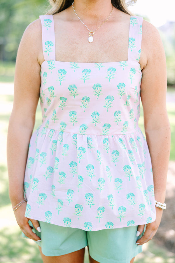 Plus Size pink babydoll top with a green floral print, square neckline, and wide straps.