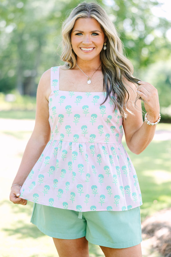 Plus Size pink babydoll top with a green floral print, square neckline, and wide straps.