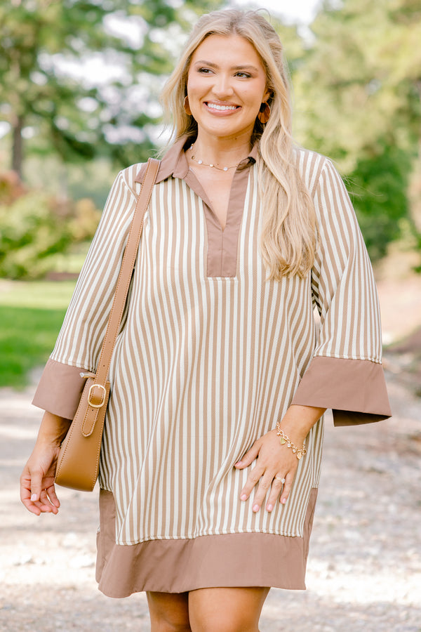 Chic Soul plus size clothing, white and brown stripe short dress with brown border on sleeves, collar, and bottom of the dress