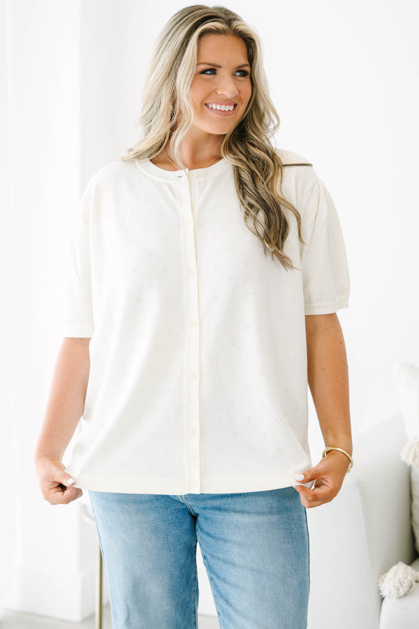 Plus Size ivory short-sleeve button-down cardigan with a subtle pointelle knit pattern.