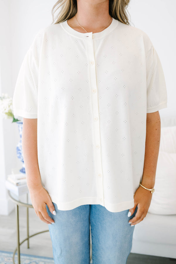 Plus Size ivory short-sleeve button-down cardigan with a subtle pointelle knit pattern.