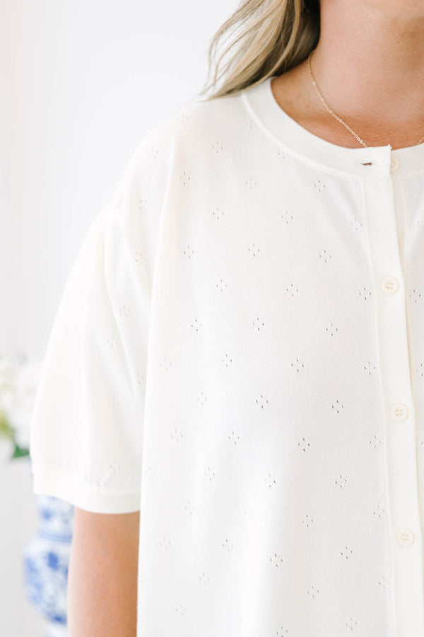Plus Size ivory short-sleeve button-down cardigan with a subtle pointelle knit pattern.