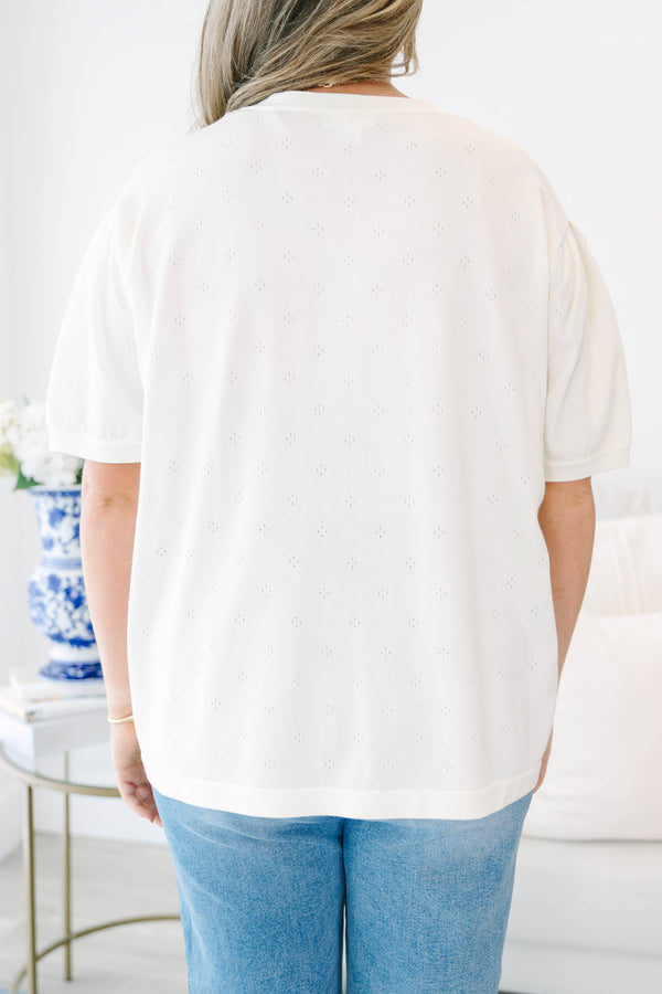 Plus Size ivory short-sleeve button-down cardigan with a subtle pointelle knit pattern.