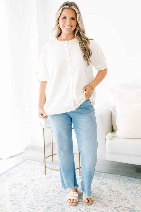 Plus Size ivory short-sleeve button-down cardigan with a subtle pointelle knit pattern.