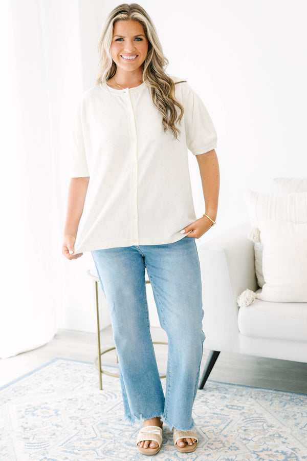 Plus Size ivory short-sleeve button-down cardigan with a subtle pointelle knit pattern.