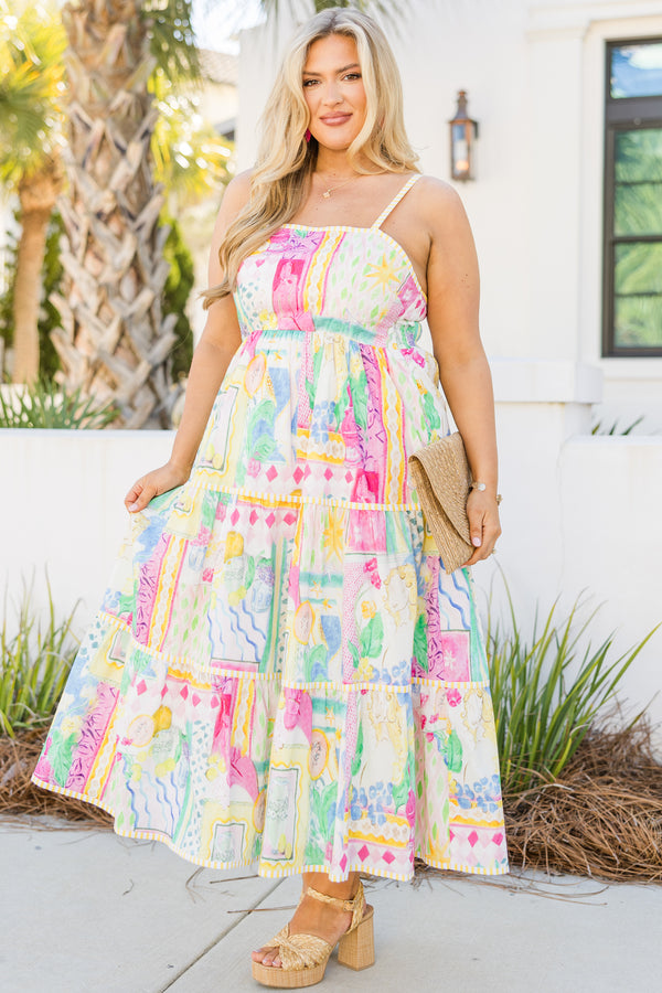 Chic Soul plus size clothing, yellow pink and blue thin shoulder strap maxi dress with abstract tropical pattern