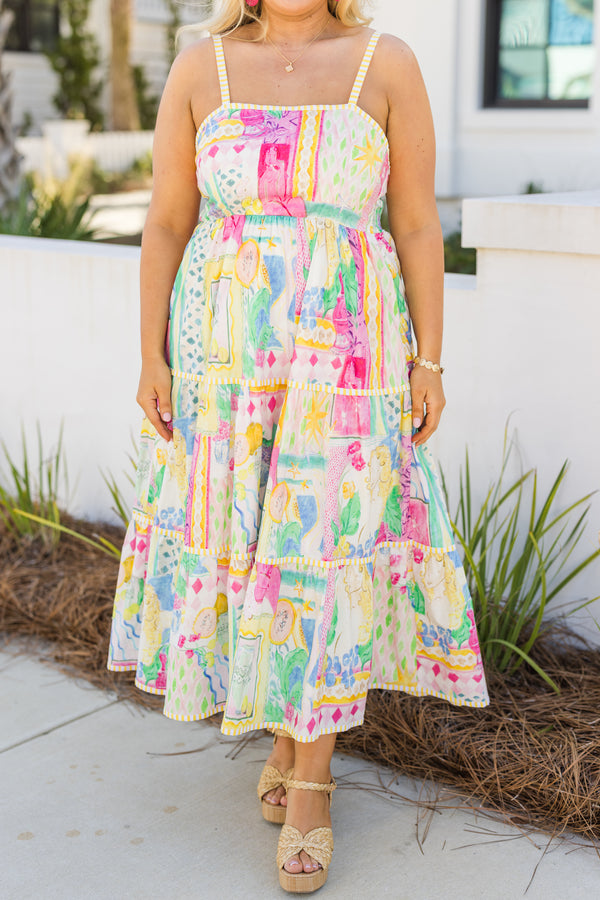 Chic Soul plus size clothing, yellow pink and blue thin shoulder strap maxi dress with abstract tropical pattern
