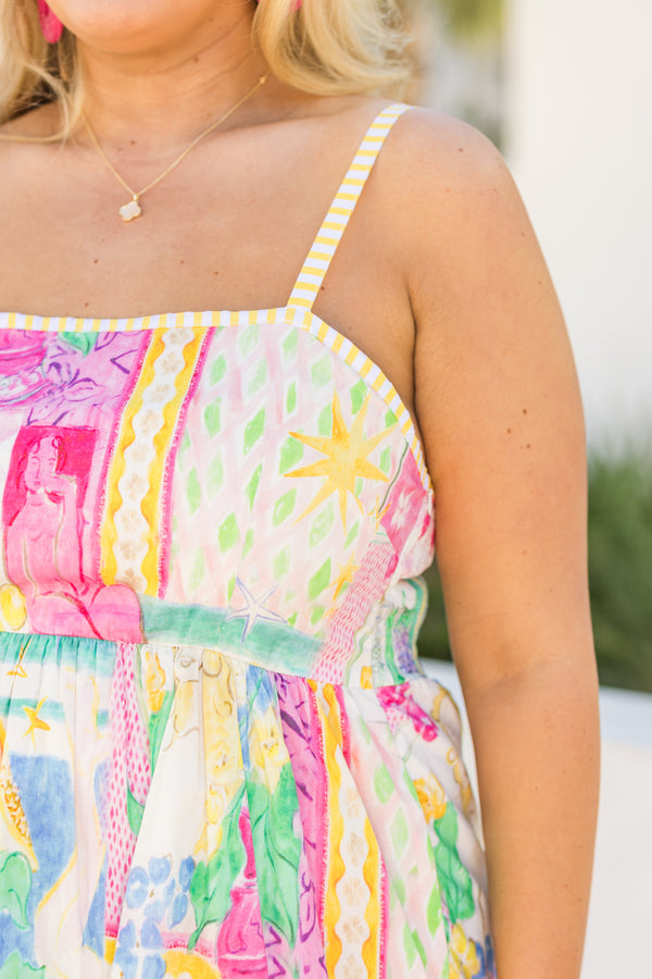 Chic Soul plus size clothing, yellow pink and blue thin shoulder strap maxi dress with abstract tropical pattern