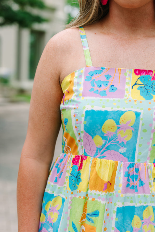 Plus Size tiered midi dress with a colorful fruit print, square neckline, and white ric-rac trim.