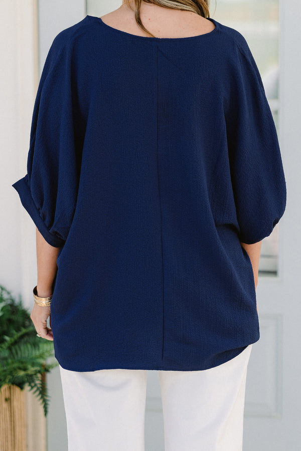 Chic Soul plus size clothing, short sleeve navy top with v-neckline