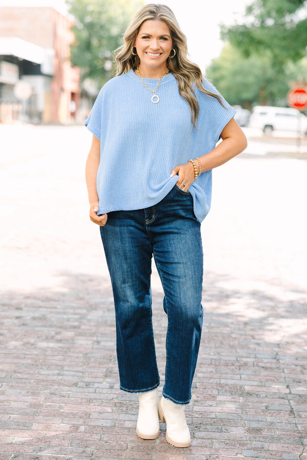 Plus Size cornflower blue ribbed knit short sleeve top with a round neckline and relaxed fit.