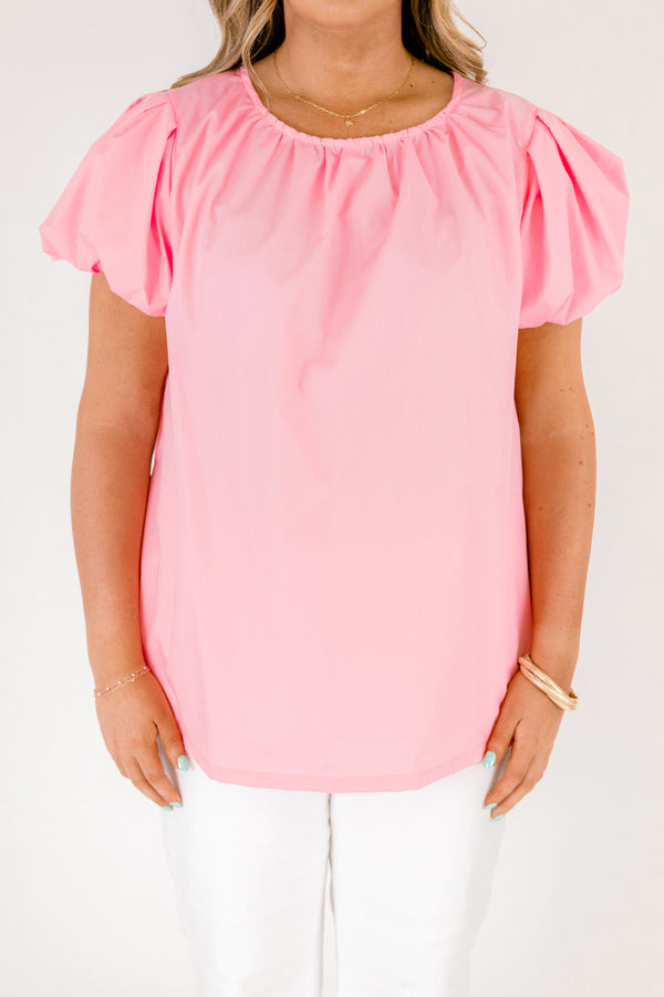 Chic Soul plus size clothing, pink top with short bubble sleeves and a round neckline 