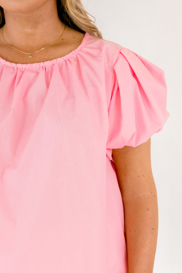 Chic Soul plus size clothing, pink top with short bubble sleeves and a round neckline 