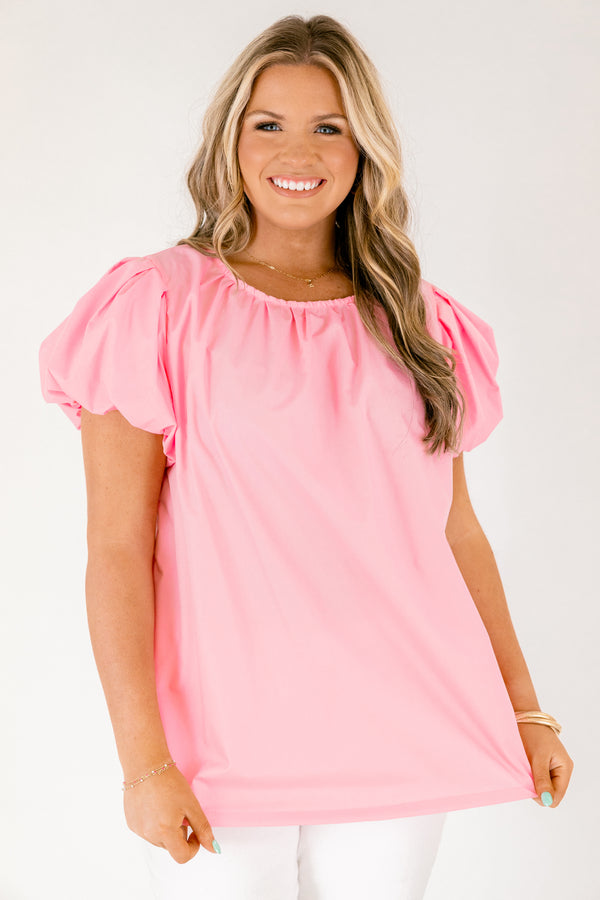 Chic Soul plus size clothing, pink top with short bubble sleeves and a round neckline 
