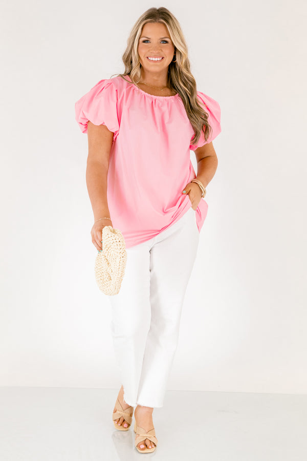 Chic Soul plus size clothing, pink top with short bubble sleeves and a round neckline 