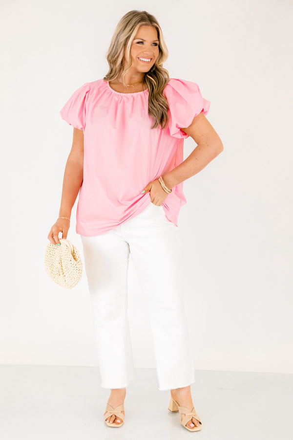 Chic Soul plus size clothing, pink top with short bubble sleeves and a round neckline 