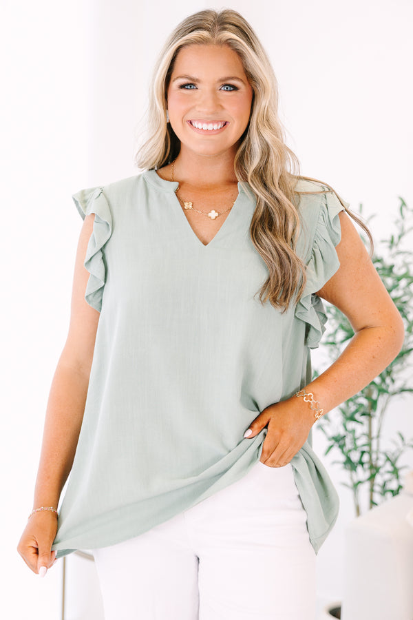 Chic Soul plus size clothing, Light green top with a v-neckline and flutter sleeves